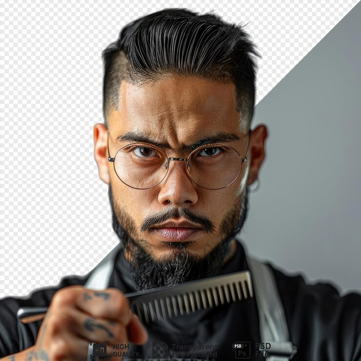 PSD jovem barbeiro zangado vestindo uniforme e óculos segurando pente teaser e cortador de cabelo olhando para a câmera mostrando o polegar para baixo com cabelo preto barba preta nariz grande e olhos azuis e castanhos ele