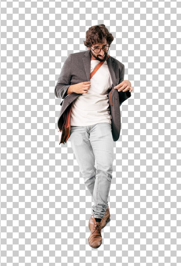 PSD jovem, barbudo, homem negócios, desgastar, blazer, dança, expressão