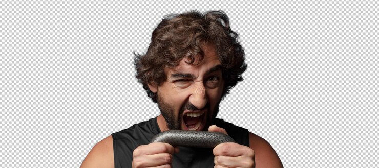 PSD jovem barbudo louco homem de fitness conceito de esporte