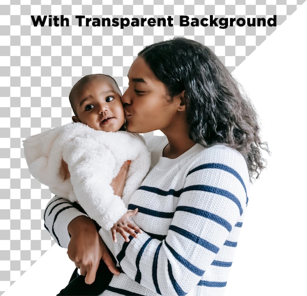 Jovem bela mãe segurando pequeno bebê nos braços beijando bebê amor isolado fundo transparente