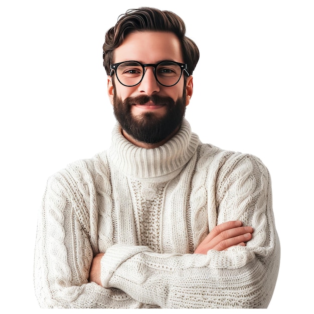 PSD jovem bonito com barba vestindo suéter casual e óculos.