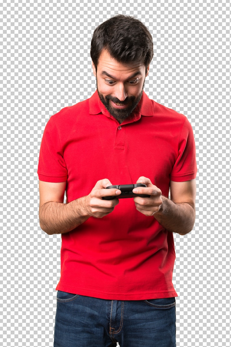 PSD jovem bonito feliz jogando videogames