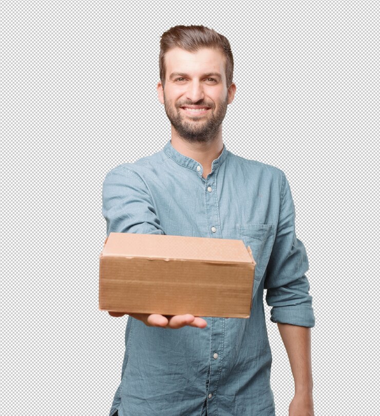 PSD jovem, bonito, homem, segurando, caixa
