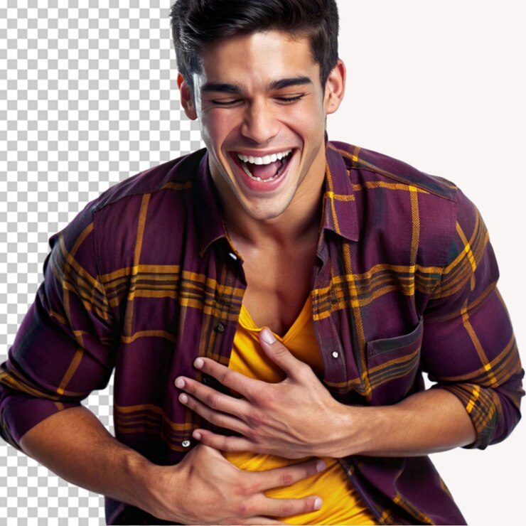 PSD jovem bonito mantendo as mãos na barriga em um fundo transparente