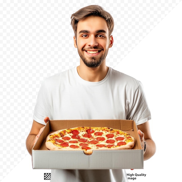 Jovem bonito segurando caixa com pizza fresca em fundo isolado branco