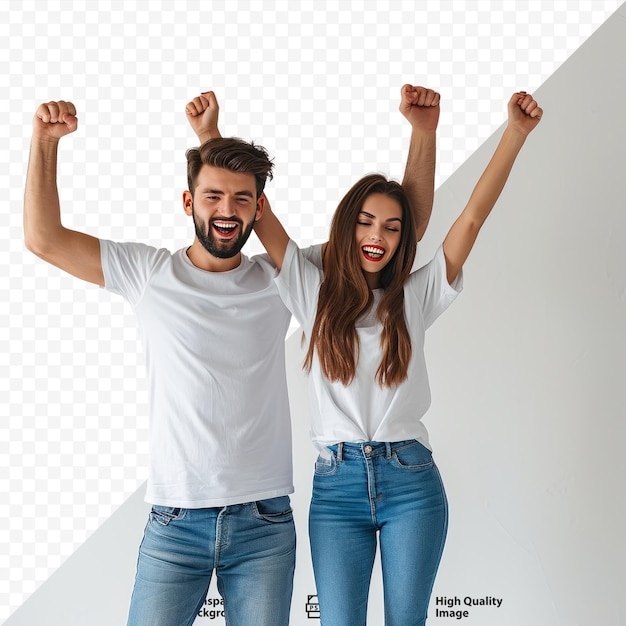 Jovem casal bonito em camisetas brancas e calças de ganga azuis está em novo apartamento e se alegra na felicidade