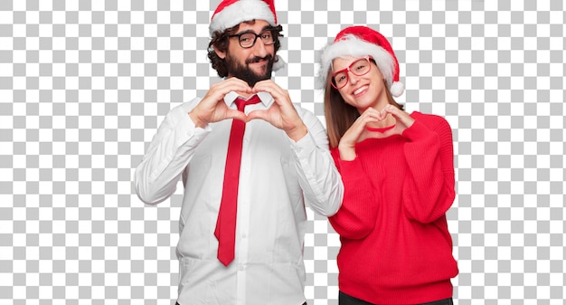 Jovem casal expressando o conceito de natal. casal e plano de fundo em diferentes camadas