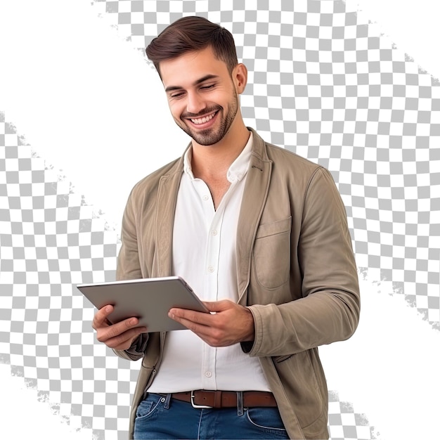 Jovem caucasiano alegre estudante freelancer usando tablet digital para redes sociais ebanking aplicação móvel elearning isolado em fundo transparente