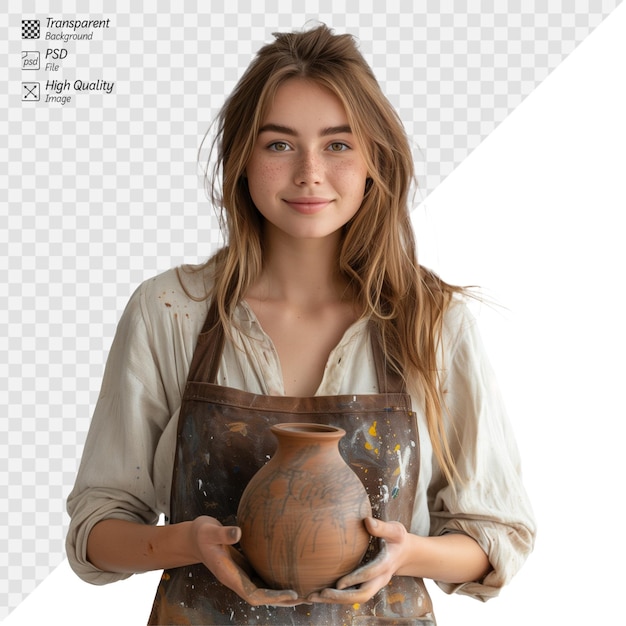 PSD jovem ceramista segurando uma panela de barro feita à mão no estúdio