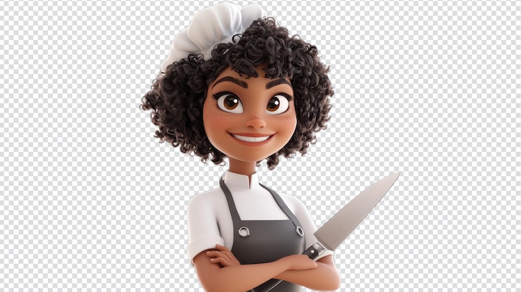 PSD jovem chef com cabelos encaracolados segurando com confiança uma faca em uma cozinha profissional durante o dia