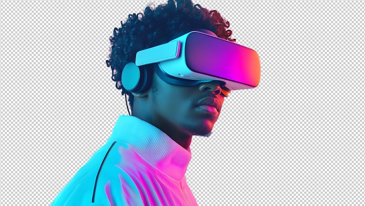 PSD jovem com fone de ouvido vr com cores de néon