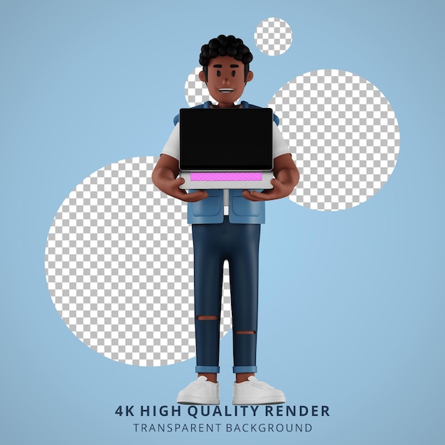 PSD jovem de cabelos cacheados segurando laptop ilustração de personagem 3d