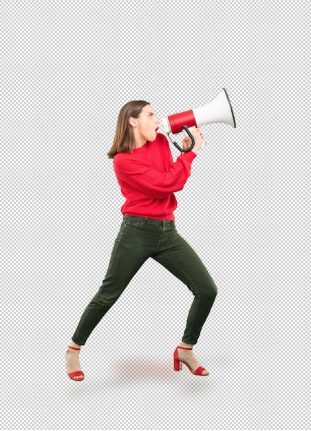 Jovem e linda mulher gritando com megafone