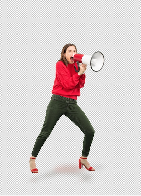 Jovem e linda mulher gritando com megafone