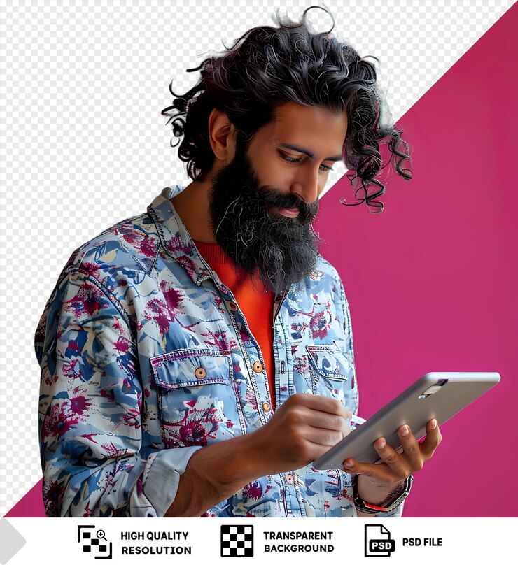 PSD jovem emocionado com barba que desenha em um tablet digital png