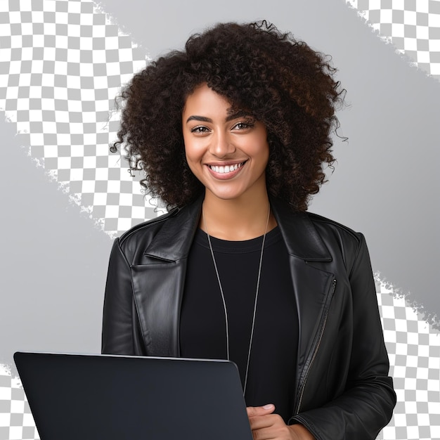 PSD jovem empresária negra sorrindo enquanto trabalhava em um laptop e isolada em um fundo transparente