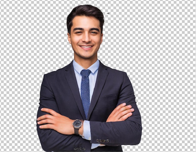 Jovem empresário confiante com os braços cruzados a sorrir.