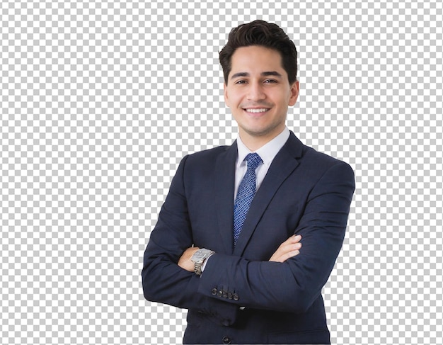 Jovem empresário confiante com os braços cruzados a sorrir.