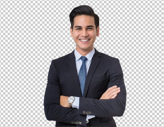 Jovem empresário confiante com os braços cruzados a sorrir.