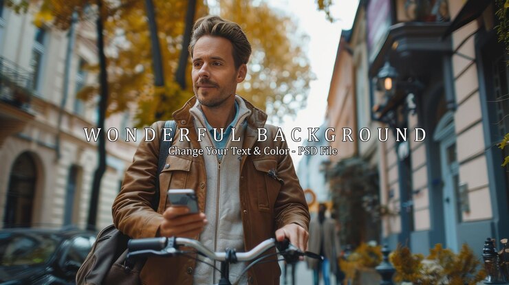 PSD jovem empresário hipster caminhando de bicicleta