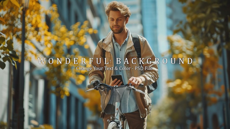 PSD jovem empresário hipster caminhando de bicicleta