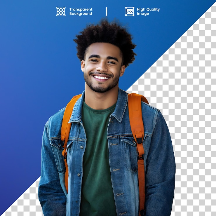 PSD jovem estudante afro sorridente com mochila sorridente jovem afro estudante com mochila
