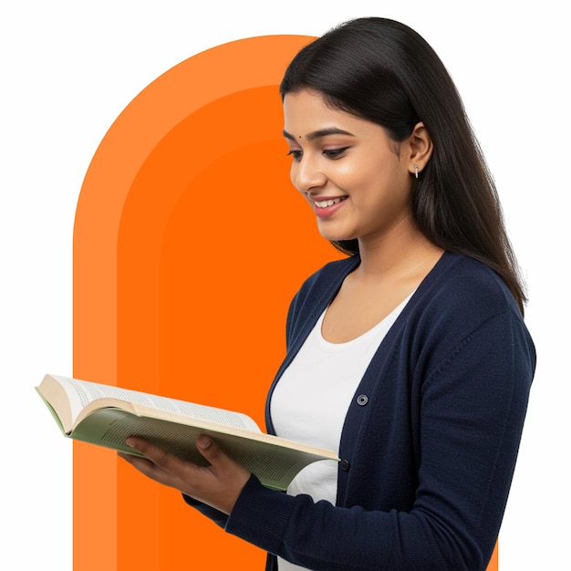 jovem estudante universitária indiana em trajes casuais com um livro em fundo isolado png