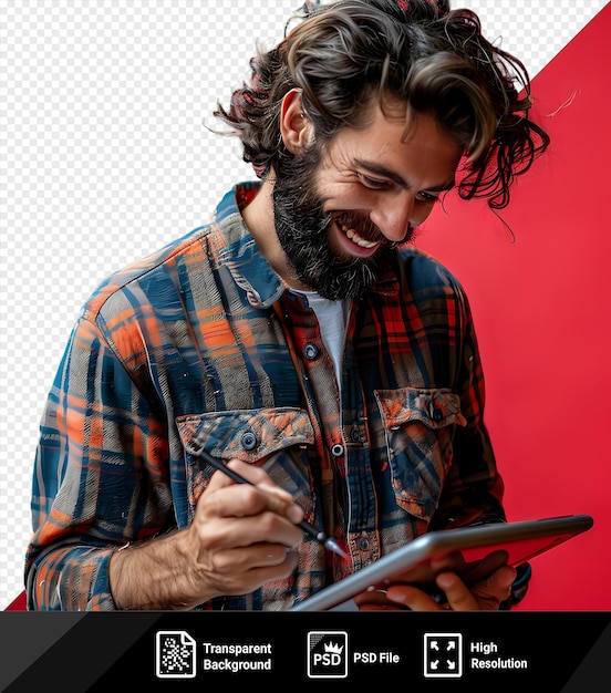 Jovem excitado único com barba que esboça em um tablet digital png