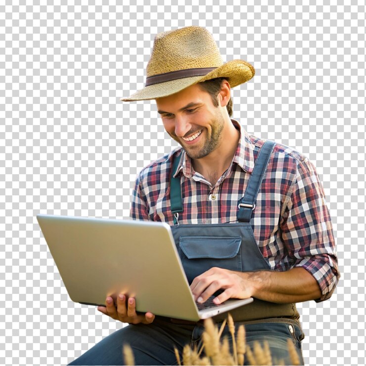 PSD jovem fazendeiro usa laptop em transparente