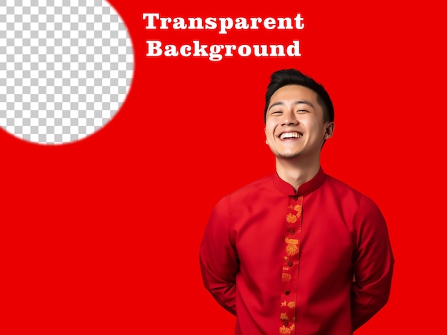 PSD jovem feliz com camisa chinesa fundo vermelho transparente