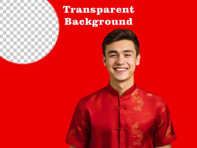 Jovem feliz com camisa chinesa fundo vermelho transparente