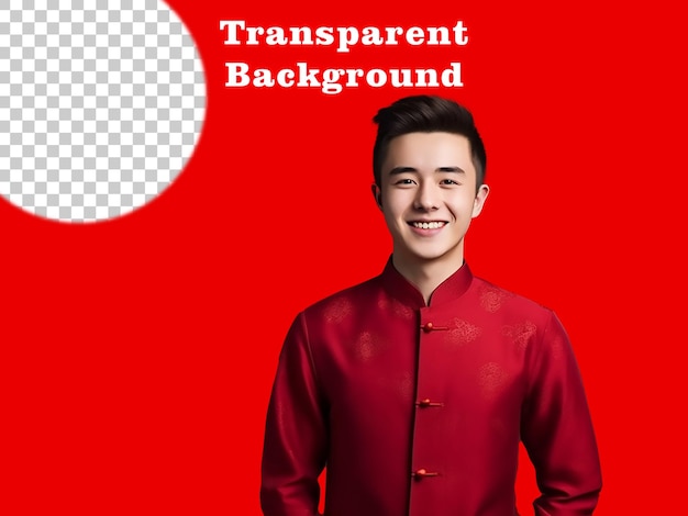 PSD jovem feliz com camisa chinesa fundo vermelho transparente