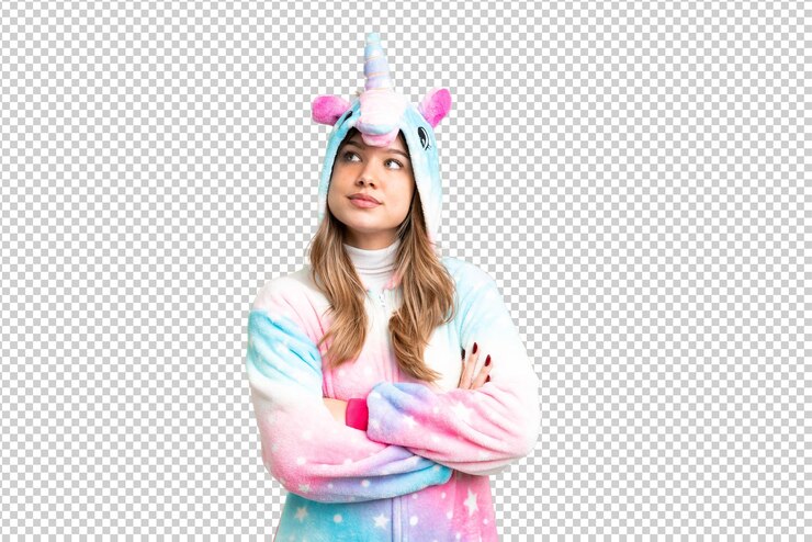 PSD jovem garota com pijama de unicórnio sobre fundo de chave de croma isolado olhando para cima enquanto sorri