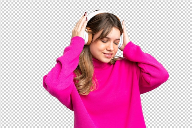 Jovem garota sobre isolado chave de croma fundo ouvindo música