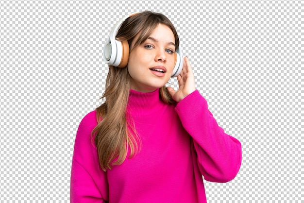 Jovem garota sobre isolado chave de croma fundo ouvindo música