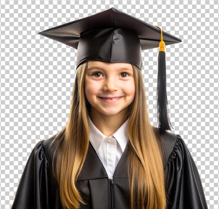 PSD jovem garota vestindo um chapéu de formatura e vestido sorrindo orgulhosamente isolado em fundo transparente