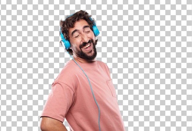 Jovem homem barbudo rindo em voz alta com a cabeça inclinada para trás e feliz, alegre expressão