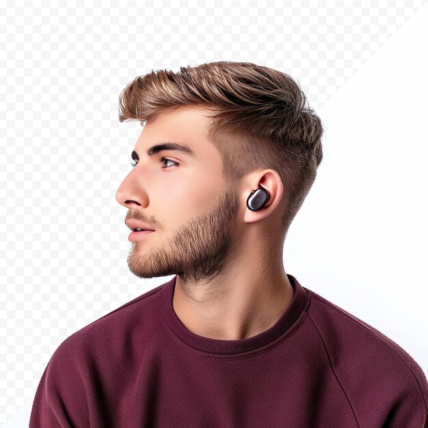 Jovem homem caucasiano usando um aparelho auditivo isolado em fundo branco isolado