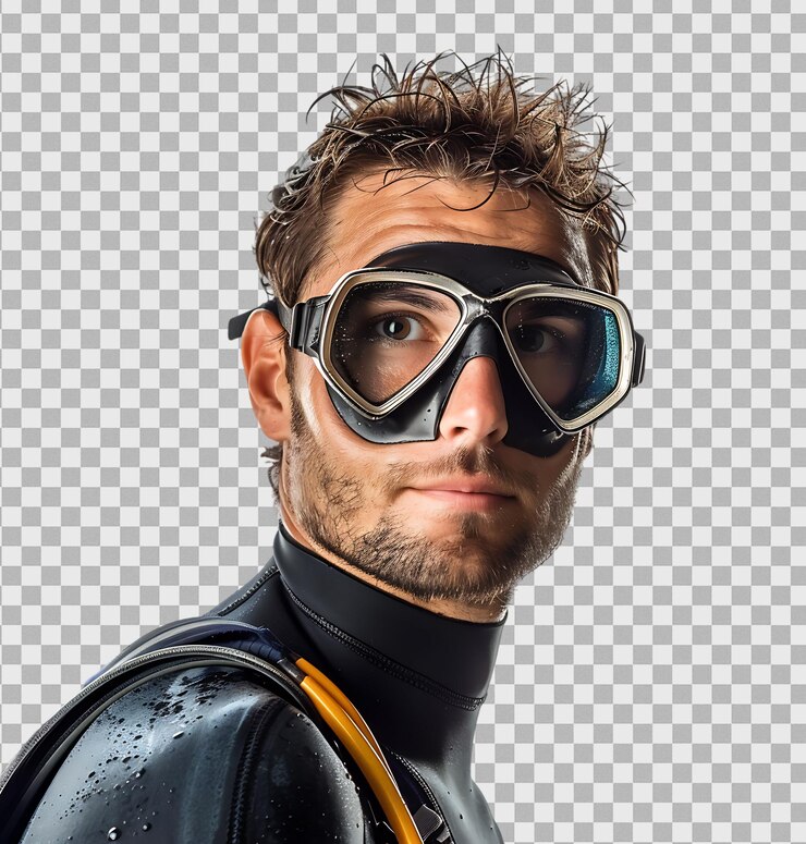 PSD jovem homem fato de mergulho molhado com equipamento em fundo transparente isolado