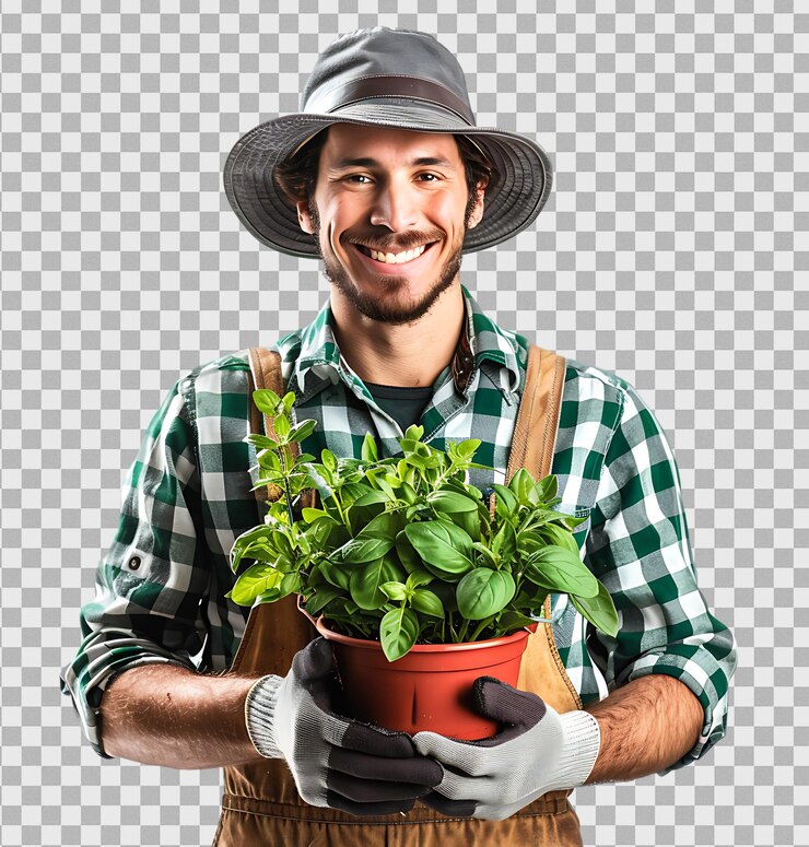 PSD jovem jardineiro em um fundo transparente