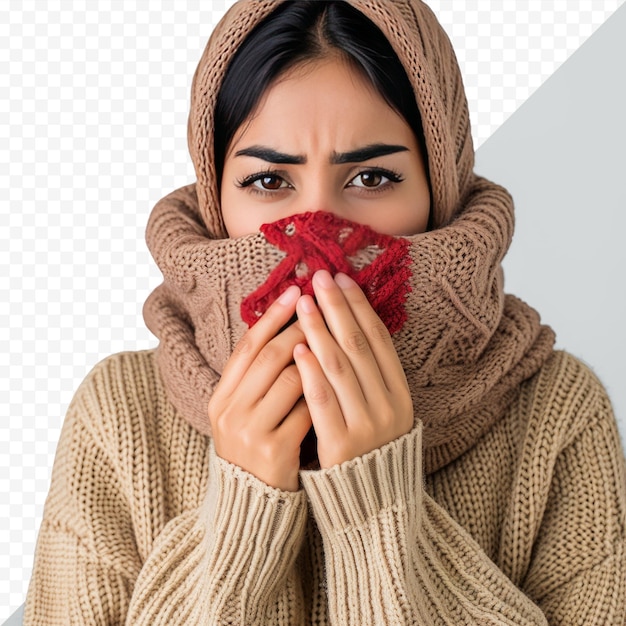 Jovem linda mulher árabe vestindo suéter de inverno sobre fundo isolado, sentindo-se mal e tossindo como sintoma de resfriado ou bronquite conceito de saúde