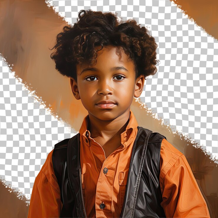 PSD jovem menino afro-americano pré-escolar kinky hair blacksmith inspirou outfit poses em over the shoulder style em pastel tangerine background