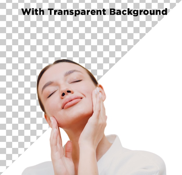 Jovem modelo bonito ambas as mãos nas bochechas postura relaxante PNG PSD Isolado em fundo transparente