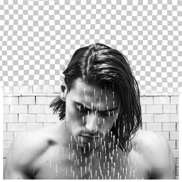 PSD jovem modelo masculino sem camisa lavando o cabelo em azulejos de metrô de moda chuveiro úmido isolado em ba transparente
