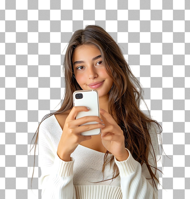 PSD jovem morena bonita fazendo uma selfie em um fundo transparente