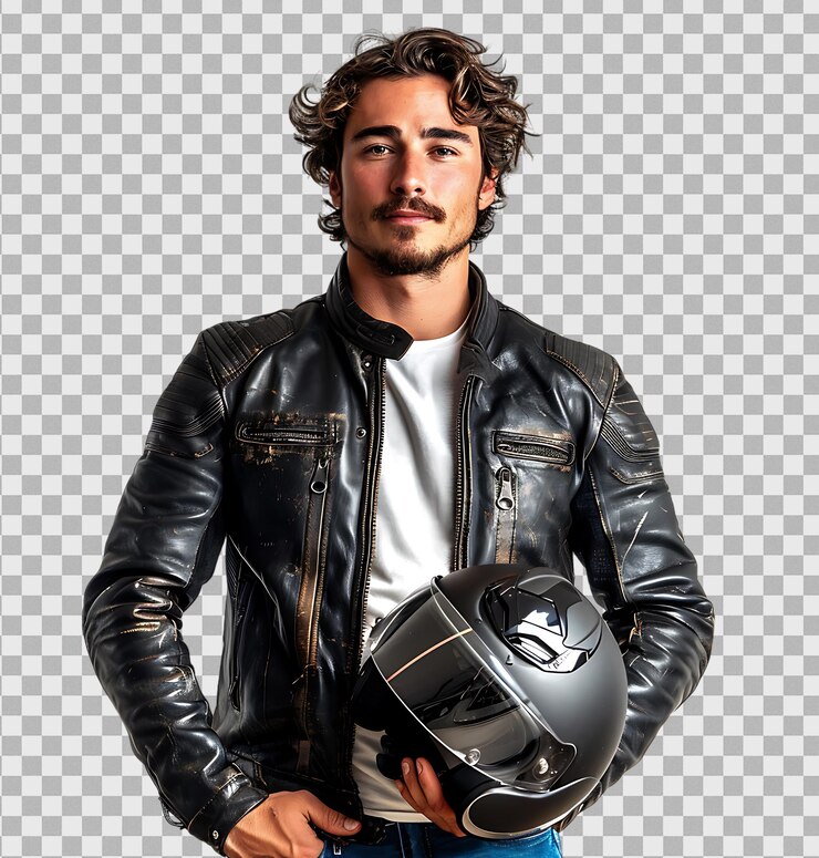PSD jovem motociclista de couro segurando um capacete em um fundo transparente