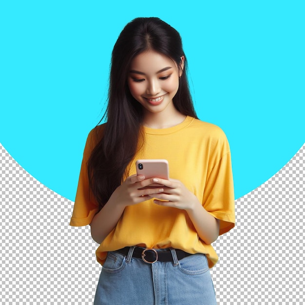 Jovem mulher bonita asiática sorrindo usando telefone móvel em aplicativo de namoro amarelo fundo transparente