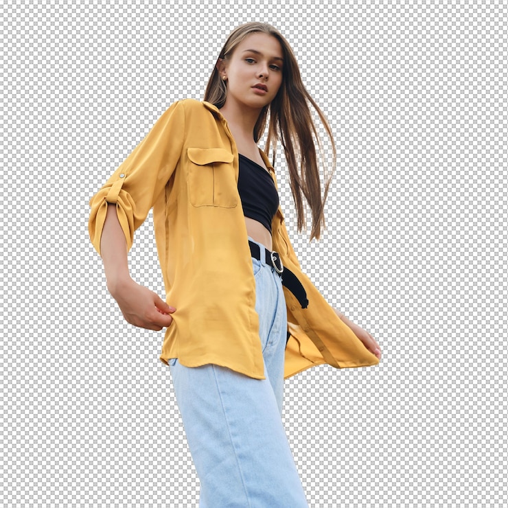 PSD jovem mulher bonita de camisa amarela e calças jeans sonhando olhando para a câmera enquanto estava de pé no gramado no parque da cidade