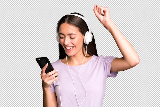 Jovem mulher bonita ouvindo música com seus fones de ouvido