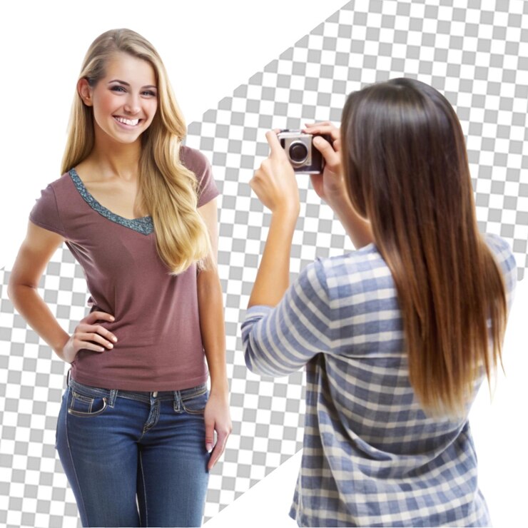 PSD jovem mulher bonita sorrindo e feliz tomando uma selfie isolada em fundo transparente